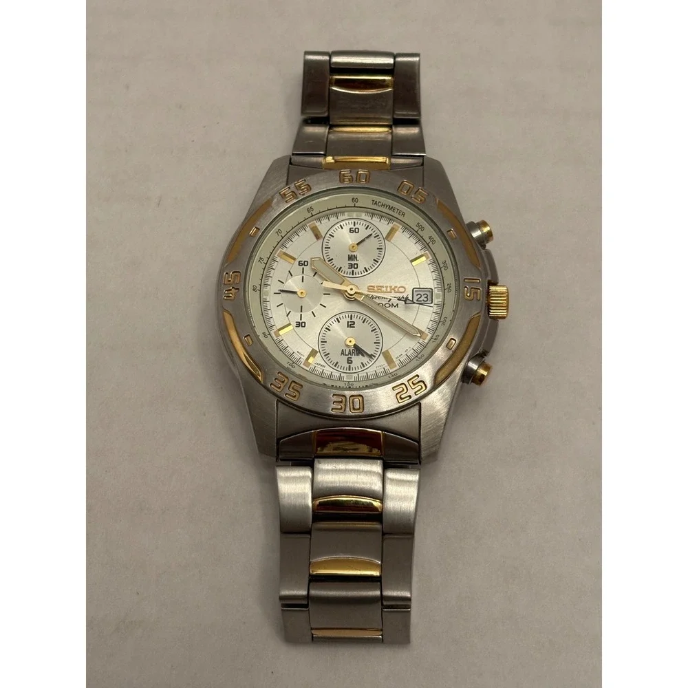 Seiko Chronograph 100M Two Tone Alarm Watch 7T62-0CD0 Silver Gold Steel